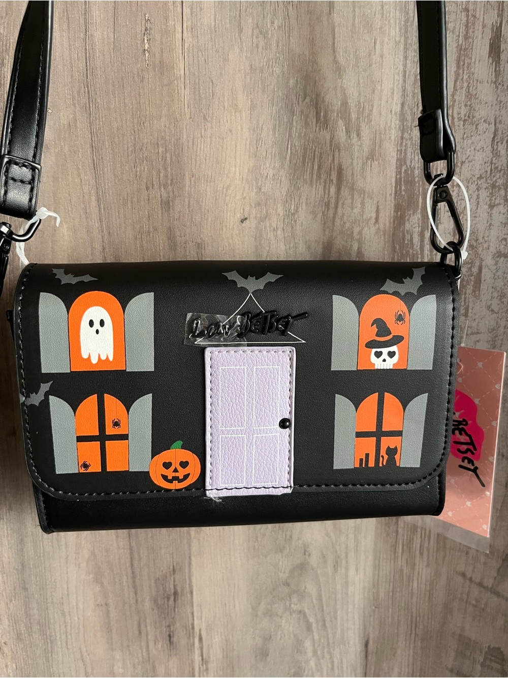Betsey Johnson Black Halloween Wallet with Lilac Door & Orange Accents